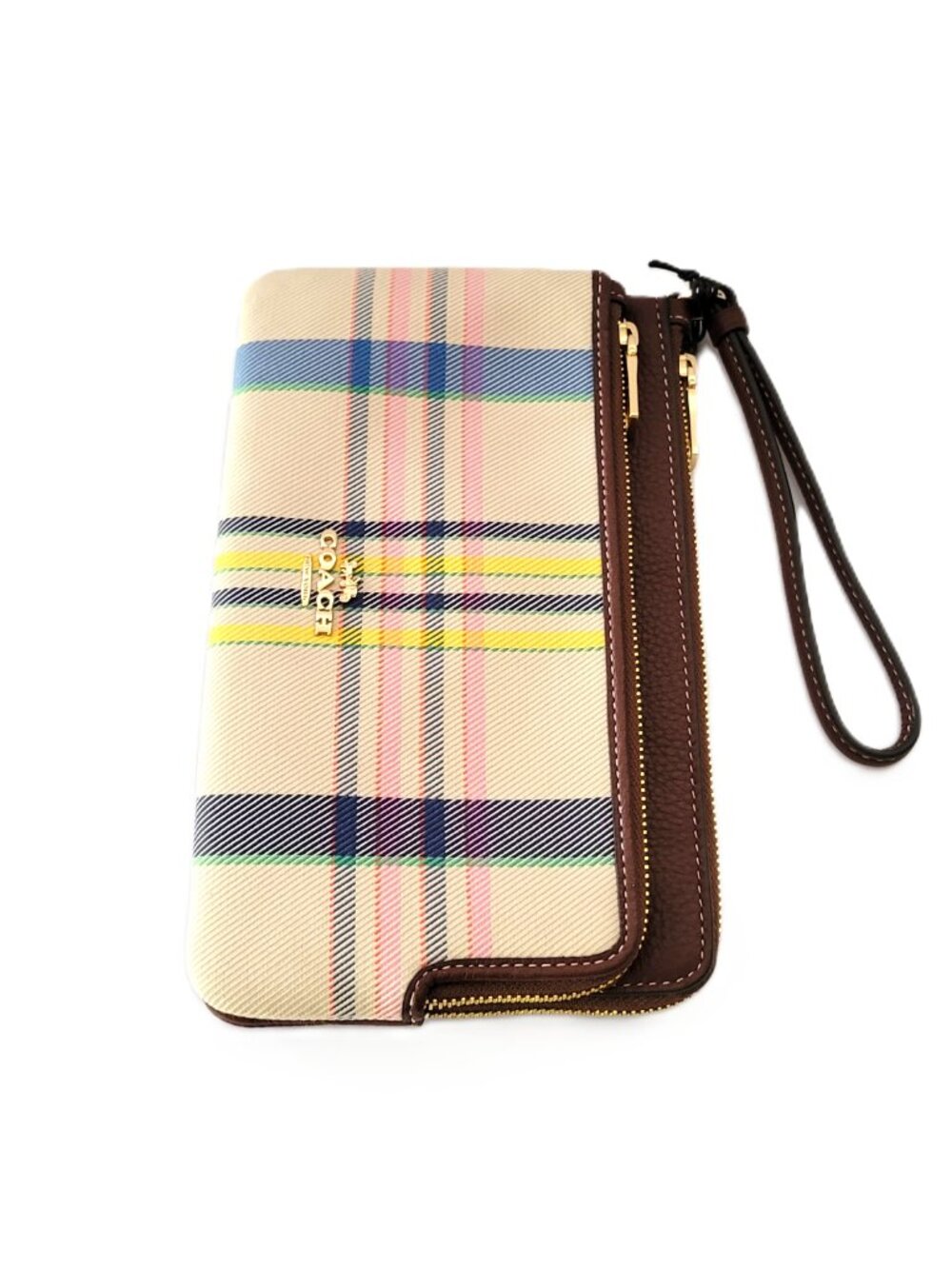 Coach CBO26 Double Zip Wallet Plaid Canvas Leather Clutch Wristlet Dark Natural - Picture 4 of 7